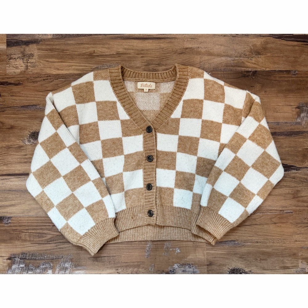 Beige and White Checkered Cardigan